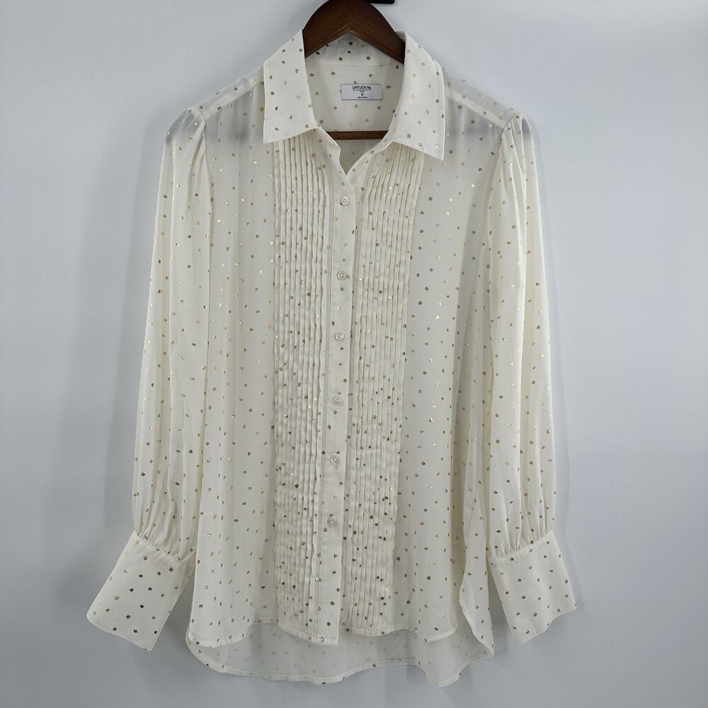 Untuckit Shirt Top Womens 8 Ivory Gold Fleck Blouse‎ Button Sheer Office Pleated